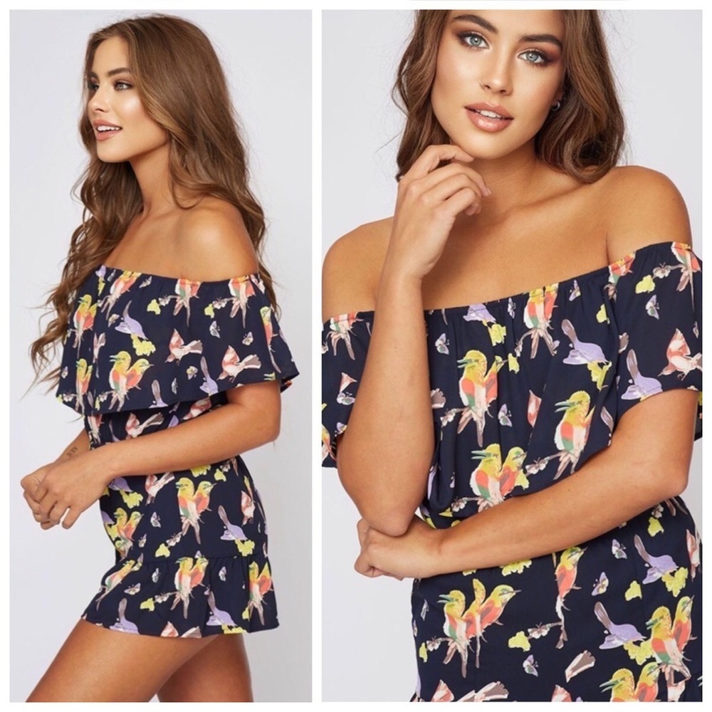 Off-shoulder bird romper